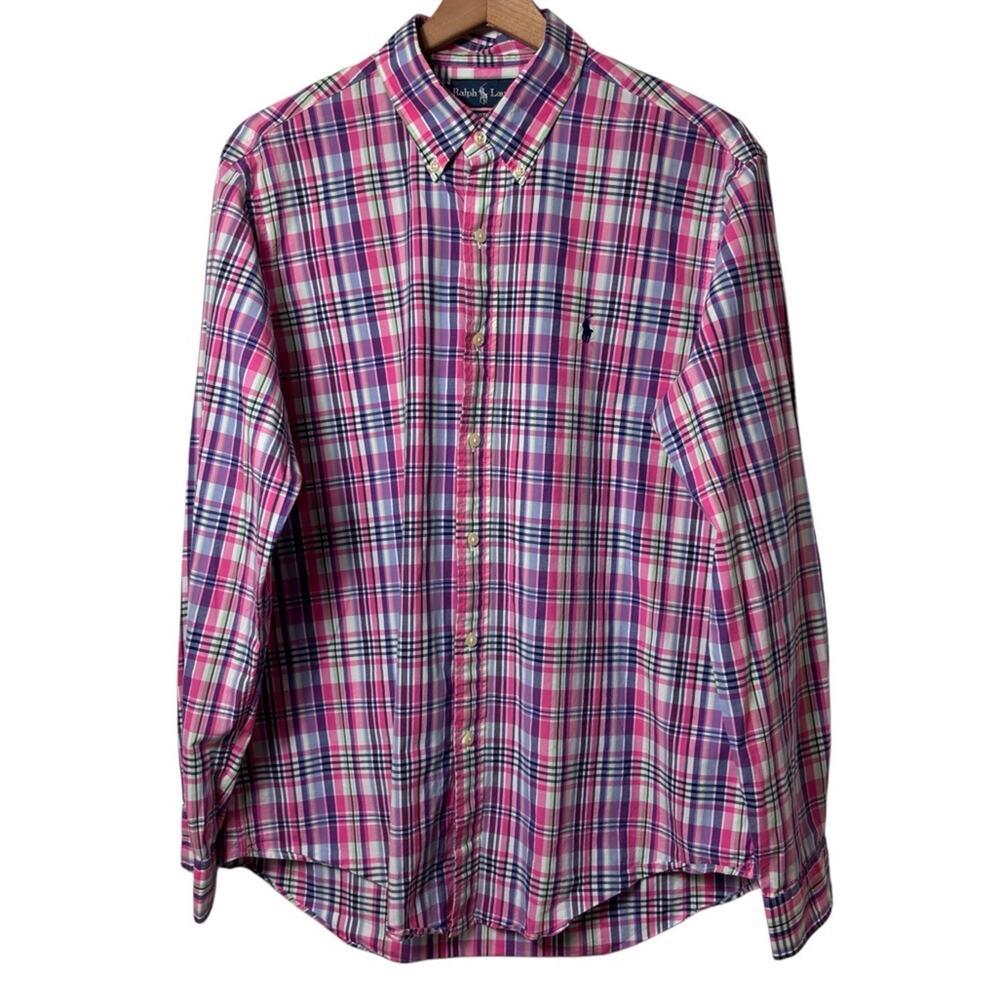 RALPH LAUREN PINK BLUE GREEN LONG SLEEVE BUTTON UP MEN DRESS LARGE CUSTOM FIT
